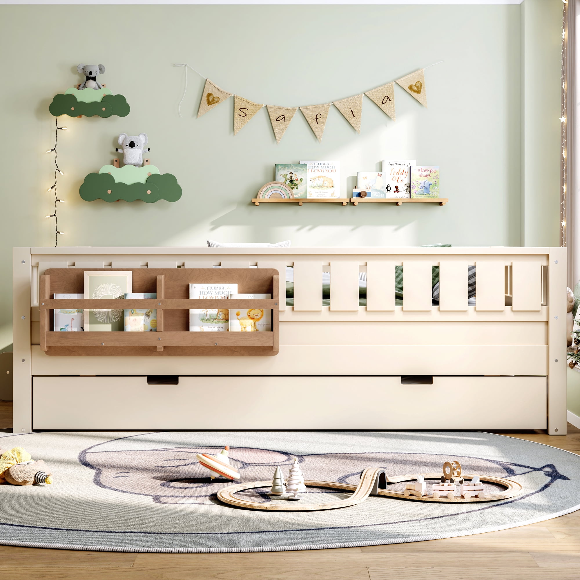 Full Bed with Bookshelf and Trundle 79.1 Inch, Solid Wood Frame with Staircase and Safety Rails, Space-Saving Kids Bed with Storage, Beige