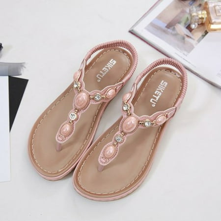 

DAFENGEA Summer Gladiator Boho Style Beaded Casual Flats Sandals for Women Casual Beach Braided Open Toe Elastic Ankle Strap Comfortable Dressy Flip Flops Shoes Backless Footwear