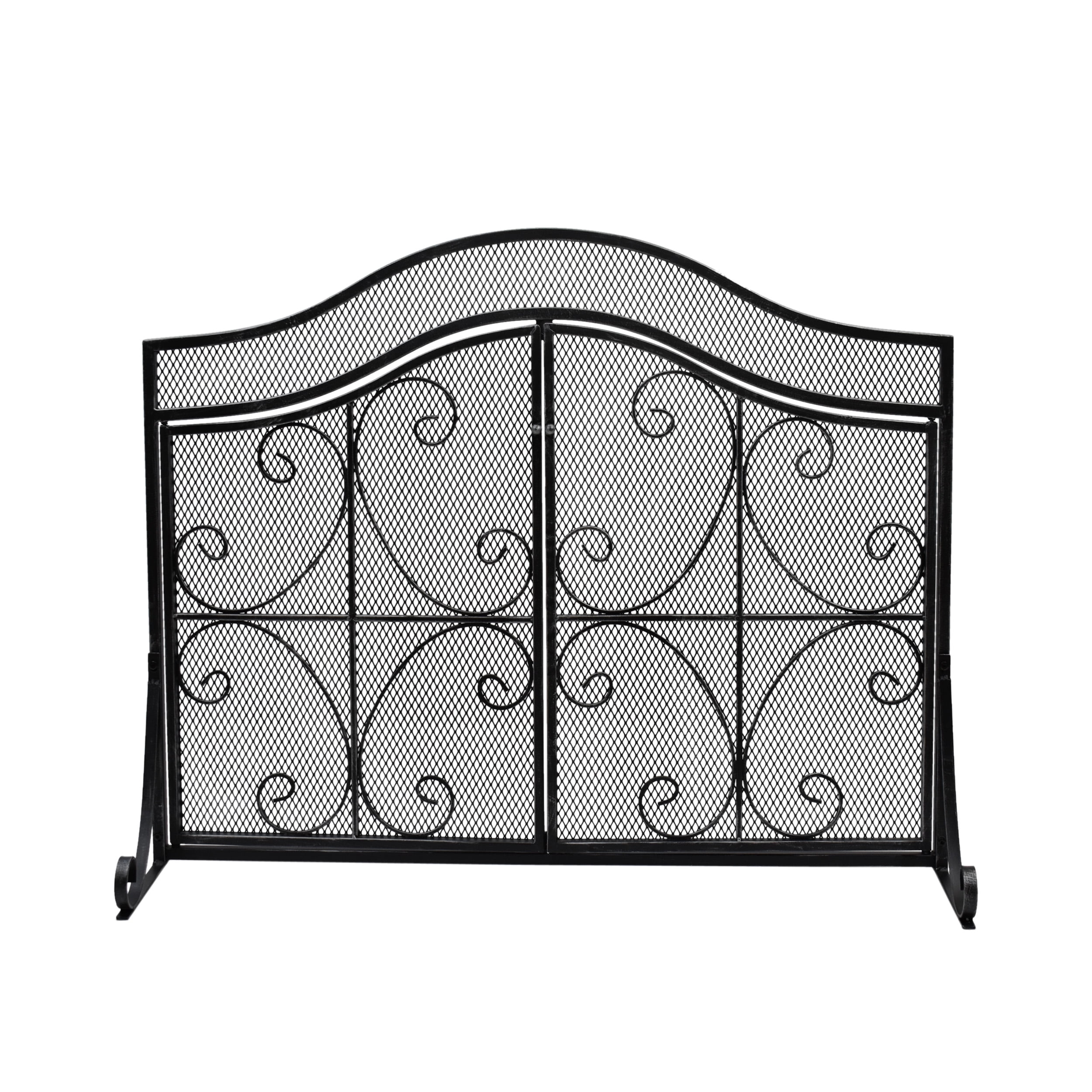 Noble House Karter Modern Three Panel Iron Firescreen with Door, Black Silver Finish