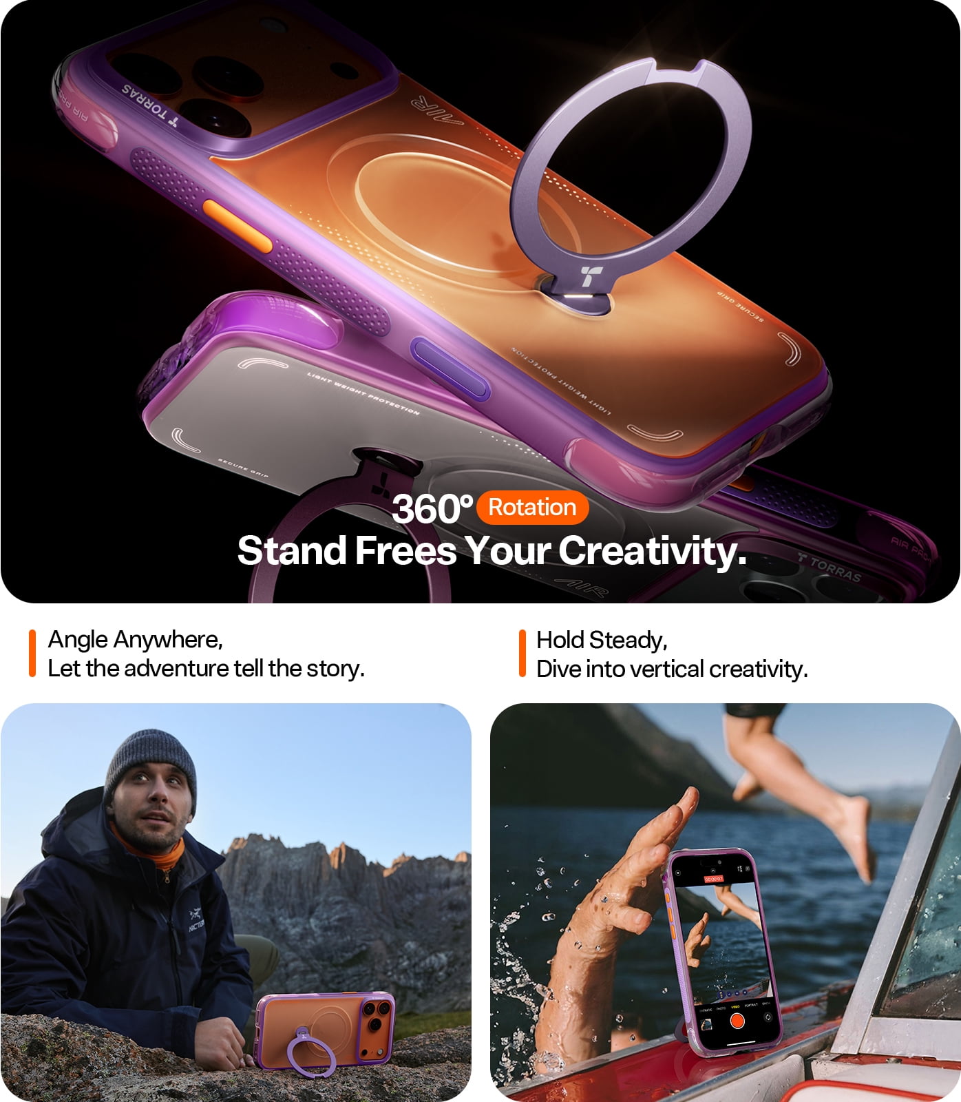 TORRAS Flagship 360 Click-Lock Rotating Stand Case for iPhone 17 Pro | Hardcore Air Cushion Tech | Mil-Grade Protection | Fit for MagSafe | Camera Control | Ostand Q3 Air 6.3" Midnight Aurora Purple