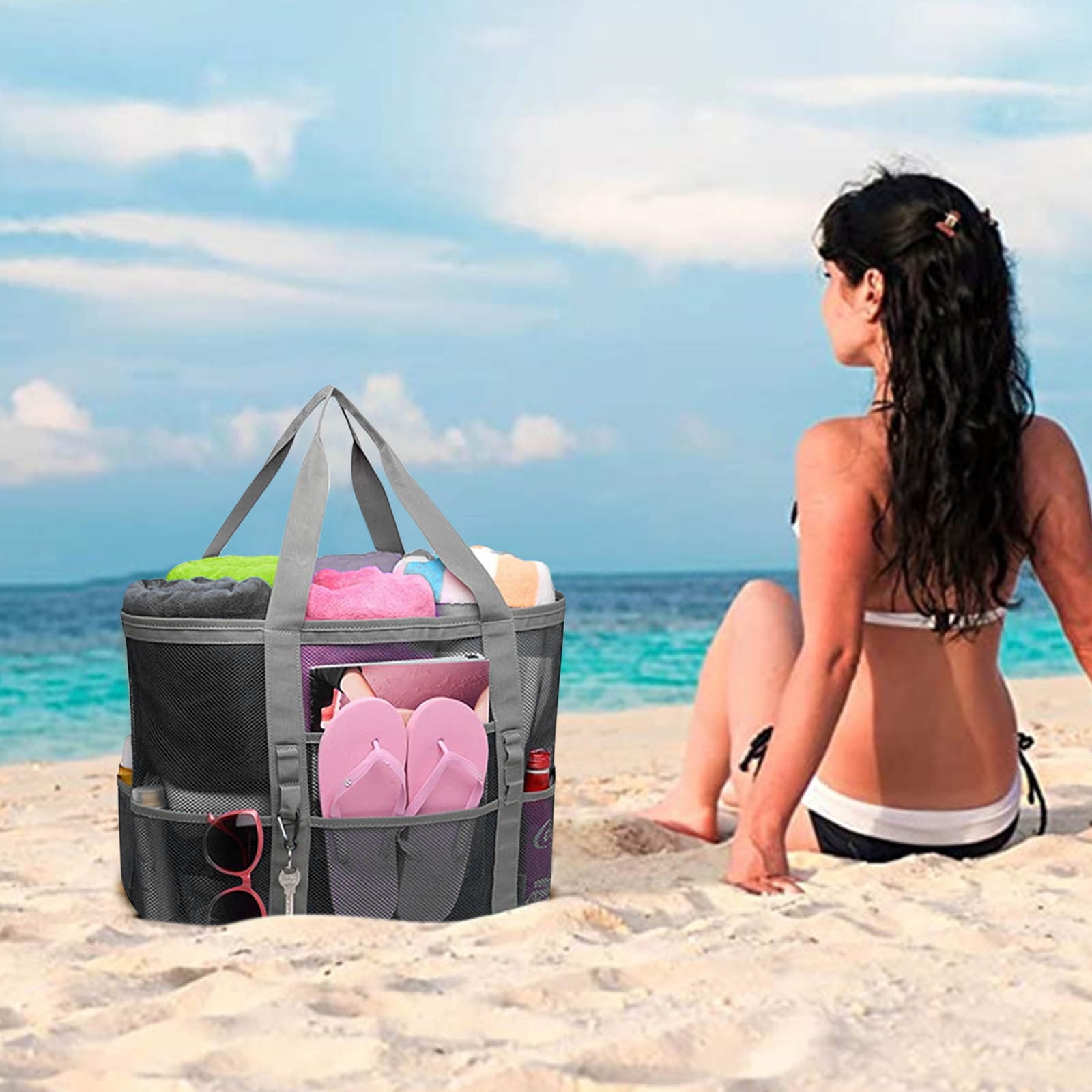 Swimming Beach Bag Swimsuit Mesh Storage Bag Large Mesh Travel Sports Handbag 9 Pockets