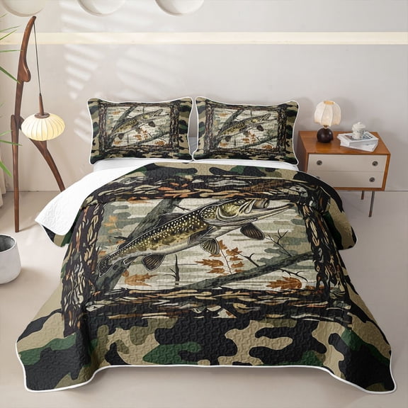 Castle Fairy Camo Frame Pike Fishing Graphic Twin Quilt Set,Autumn Leaf Wild Game Hunting Layout Twin Coverlet Set,Olive Tan