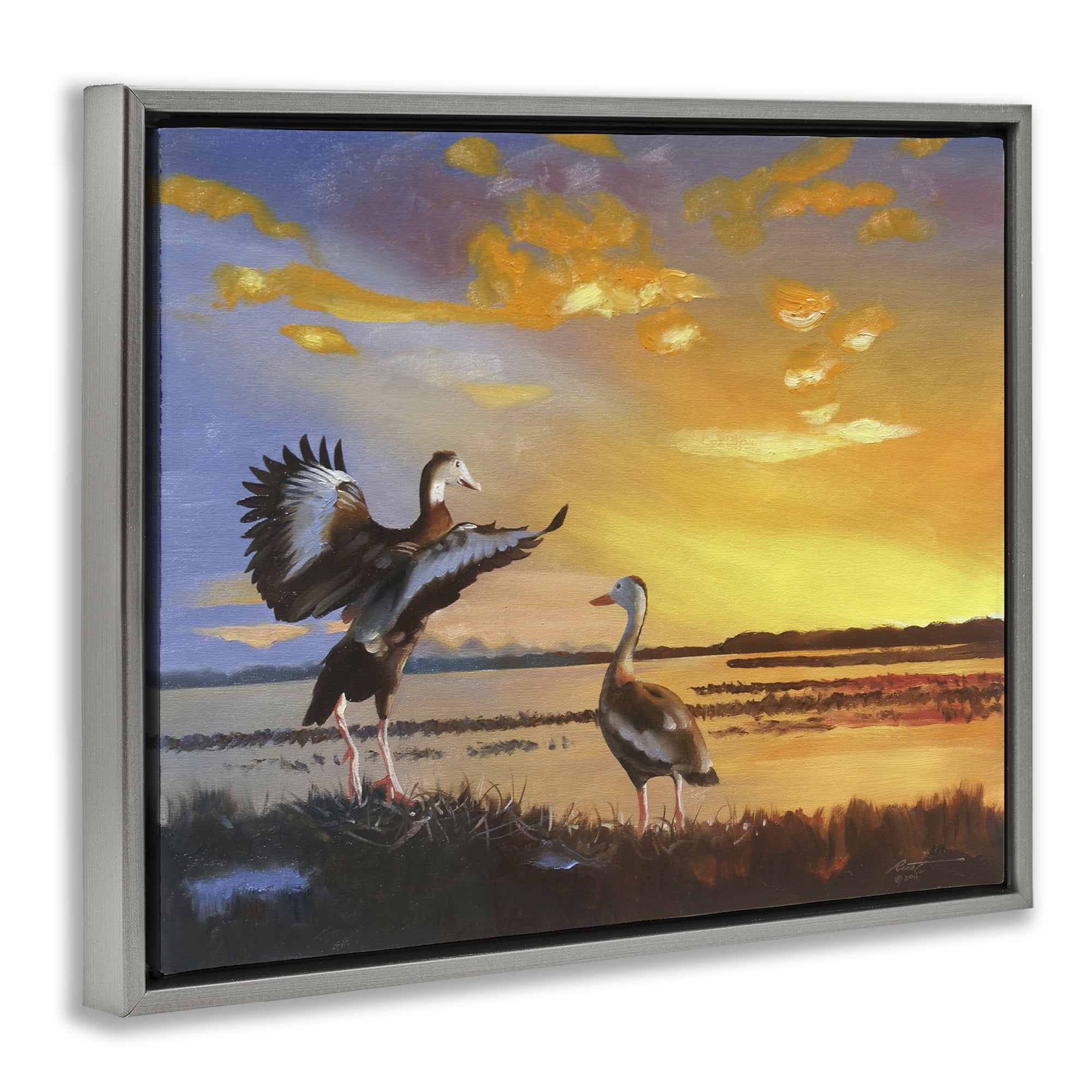 Stupell Industries Beach Birds at Sunset Animals & Insects Painting Gray Floater Framed Canvas Art Print Wall Art, 31 x 25