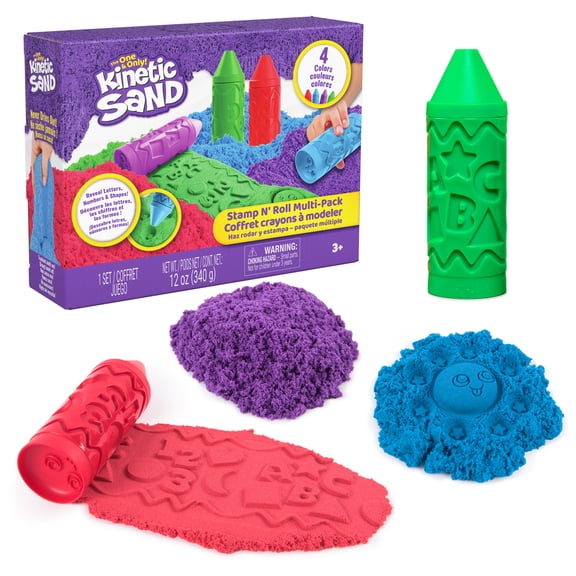 Kinetic Sand, Stamp N' Roll Crayon Multi-Pack with 12 oz Purple, Green, Blue & Red Play Sand, Toddler Toys, Arts and Crafts Kids Toys for Girls & Boys Ages 3 and up