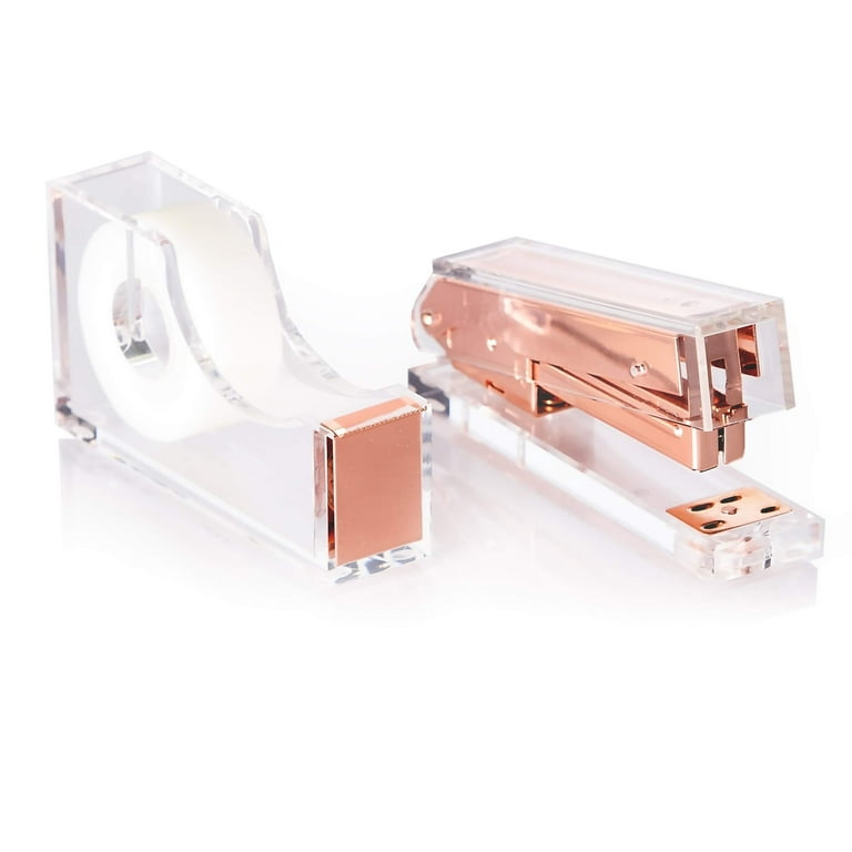 Staple & Stick Office Supplies Designer - Acrylic Lucite Rose Gold Stapler & Tape Dispenser - Elegant Rose Gold Tape Dispenser & Stapler Gift Set 