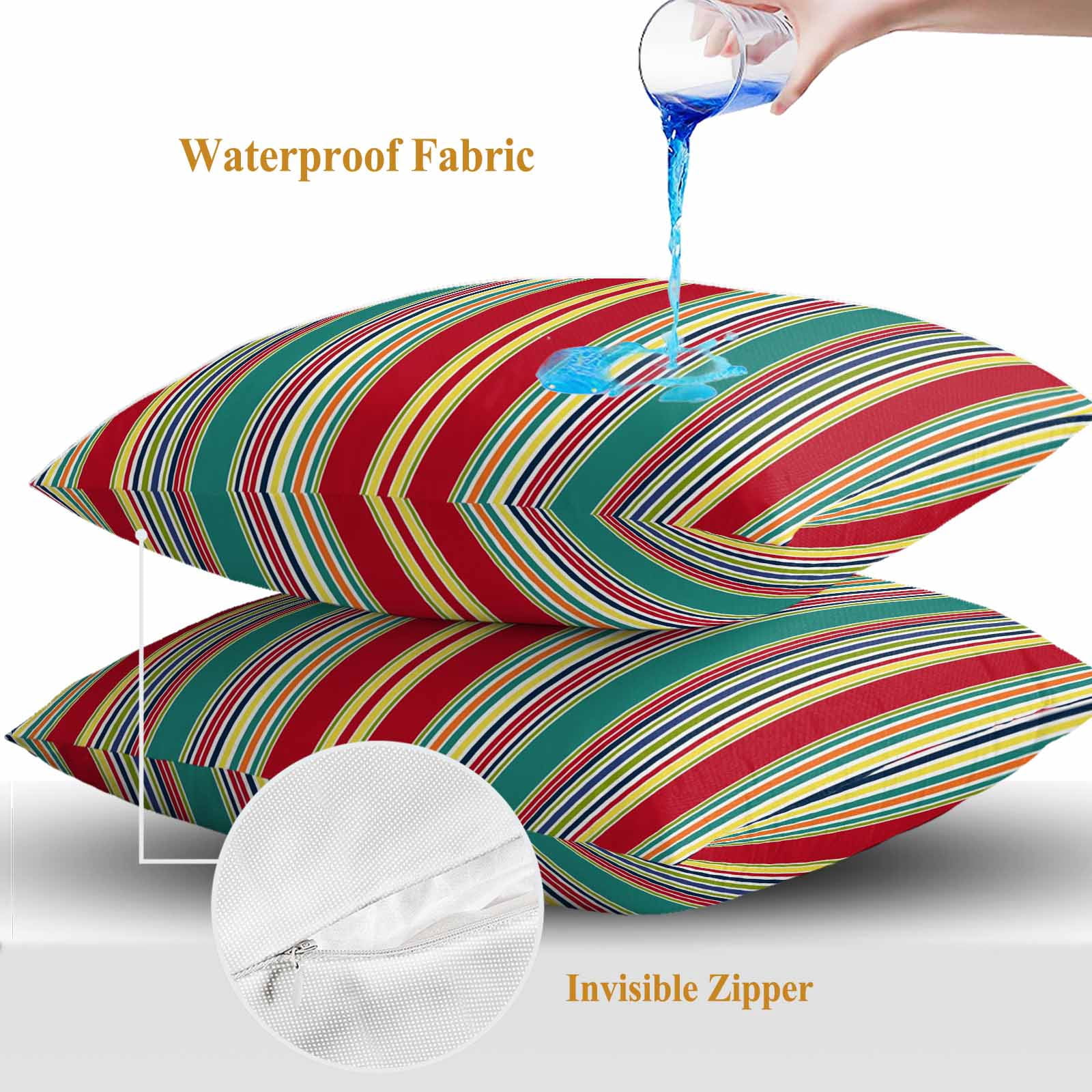 Outdoor Waterproof Throw Pillow Covers Set of 2 Red Striped Decorative Pillowcases Square Outdoor Pillows Cushion Case 16x16 Inch Geometric Green Yellow Stripes Patio Pillows for Couch Sofa Bed