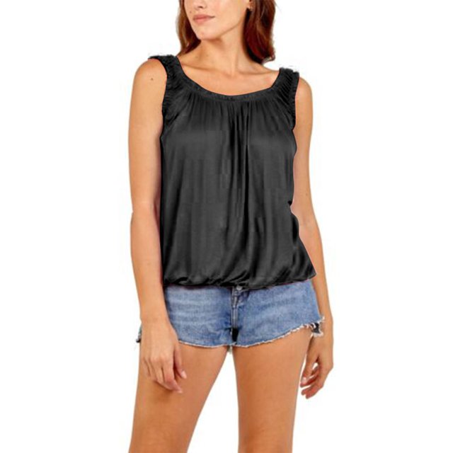LUXUR Débardeur Femme Col Rond T-Shirts Unis Mode Blouse Sans Manches Pull Noir m