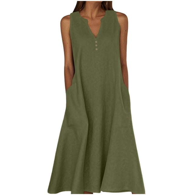 ShomPort Robes en Lin pour Femmes Coton Sans Manches Col en V Robe Maxi Ample Été Robe d'Été Fluide