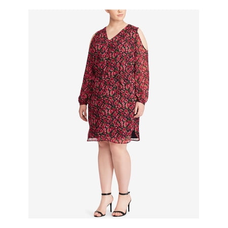 LAUREN RALPH LAUREN Womens Navy Cold Shoulder Sheer Self-tie Belt Lined Floral Long Sleeve V Neck Knee Length Wear To Work Shift Dress Plus 16W