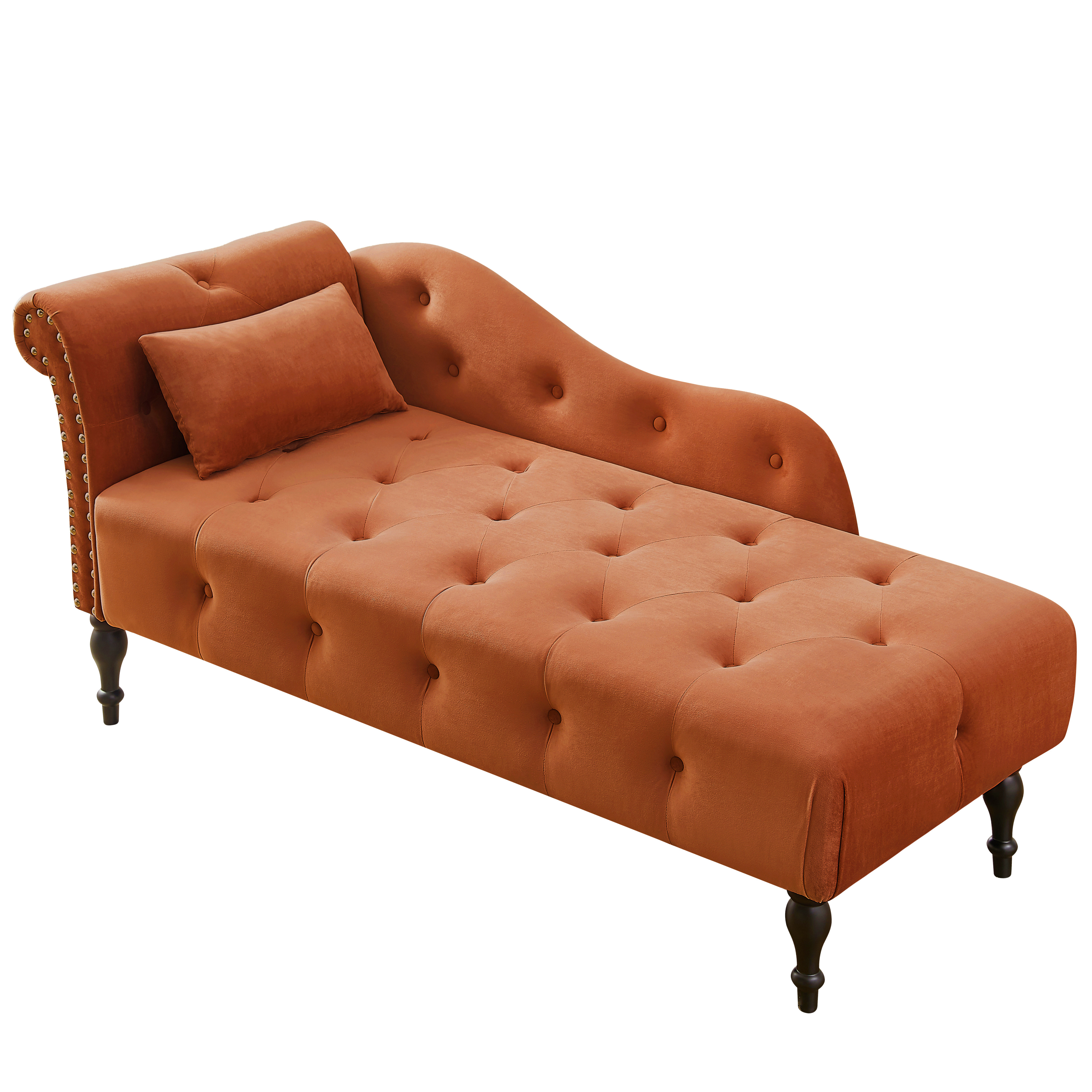 Miniyam Velvet Chaise Lounge, Tufted Accent Chaise Chair with Pillow for Living Room Bedroom, Orange