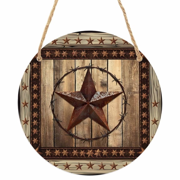 Western Farmhouse Round Front Door Welcome Sign, 5.9 Inch Wall Hanging Decor for Indoor Outdoor, Primitive Rustic Country Retro Texas Star Home Porch Hanger Decorations for Holiday Gift