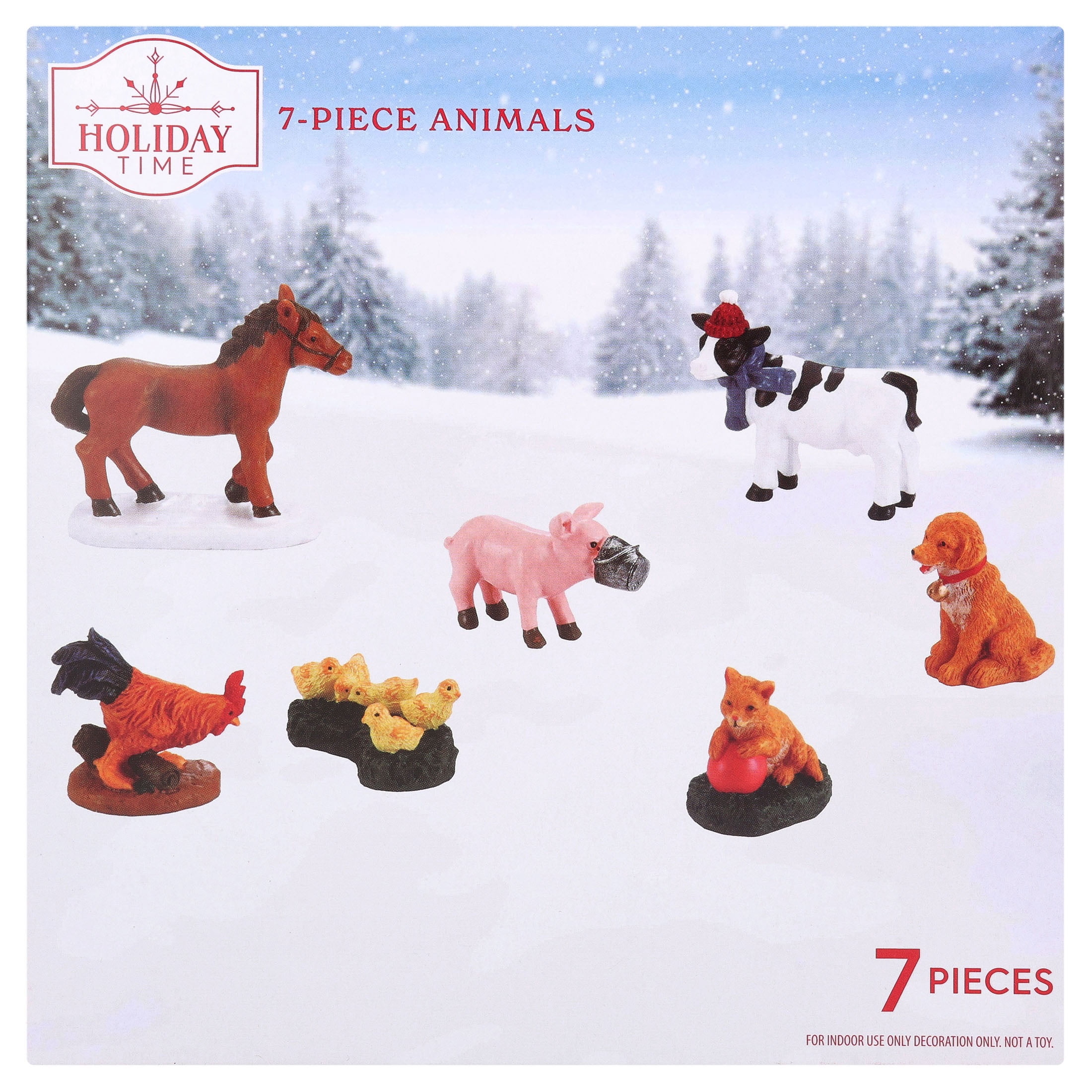 7-Piece Barnyard Animal Christmas Village Decorative Figurines, Multicolor, by Holiday Time