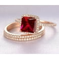 thumbnail image 2 of 3 Carat Red Ruby 6mm Princess cut and Moissanite Diamond Engagement Bridal Trio Wedding Ring Set in 10k Rose Gold, 2 of 3