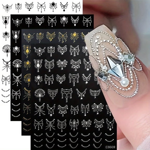 Silver Gold Tassel Nail Art Stickers Self-Adhesive Lace Wave Decals for Acrylic Tips