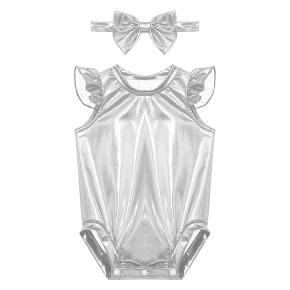 Hansber 2Pcs Metallic Outfit for Baby Girls Sparkly Romper Toddlers Birthday Party Fancy Dress Up Silver 12-18M