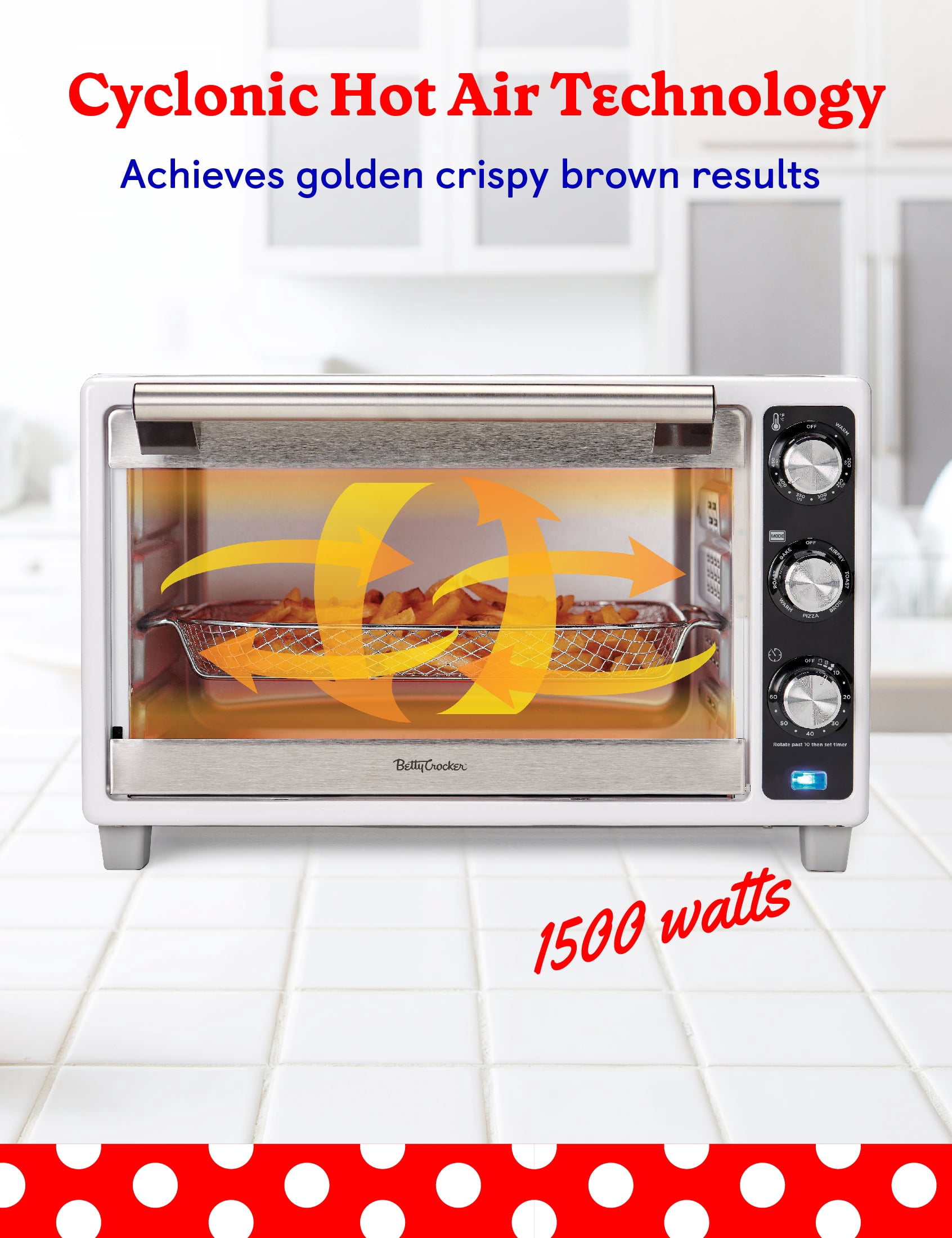 Betty Crocker Air Fryer Convection Toaster Oven, 0.7 Cu. Ft. 22-Liter Capacity, 7 Function Convection Oven with Pizza, Bagel, Roast, Bake & Keep Warm Settings, 1500 Watts, BC-4637W, White