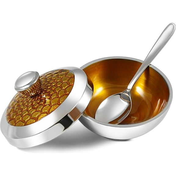 Zion Judaica Rosh Hashanah Honey Jar Dish with Spoon Honey Pot Honey Comb Pattern for Apple Dipping Jewish New Years Decorations Honey Plate