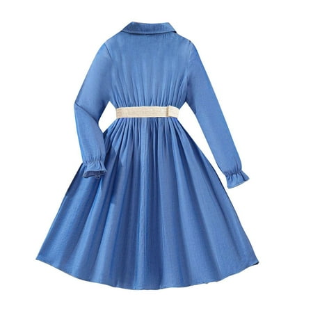 

XFHLMJFF Dresses for Girl Retro Vintage Solid Color Lapel Long Sleeve Pleated Long Sleeve Belted Back to School Sundress