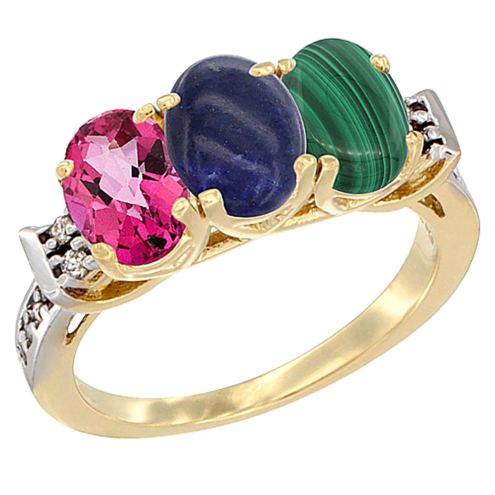 14K Yellow Gold Natural Pink Topaz, Lapis & Malachite Ring 3-Stone Oval 7x5 mm Diamond Accent, sizes 5 10 by WorldJewels
