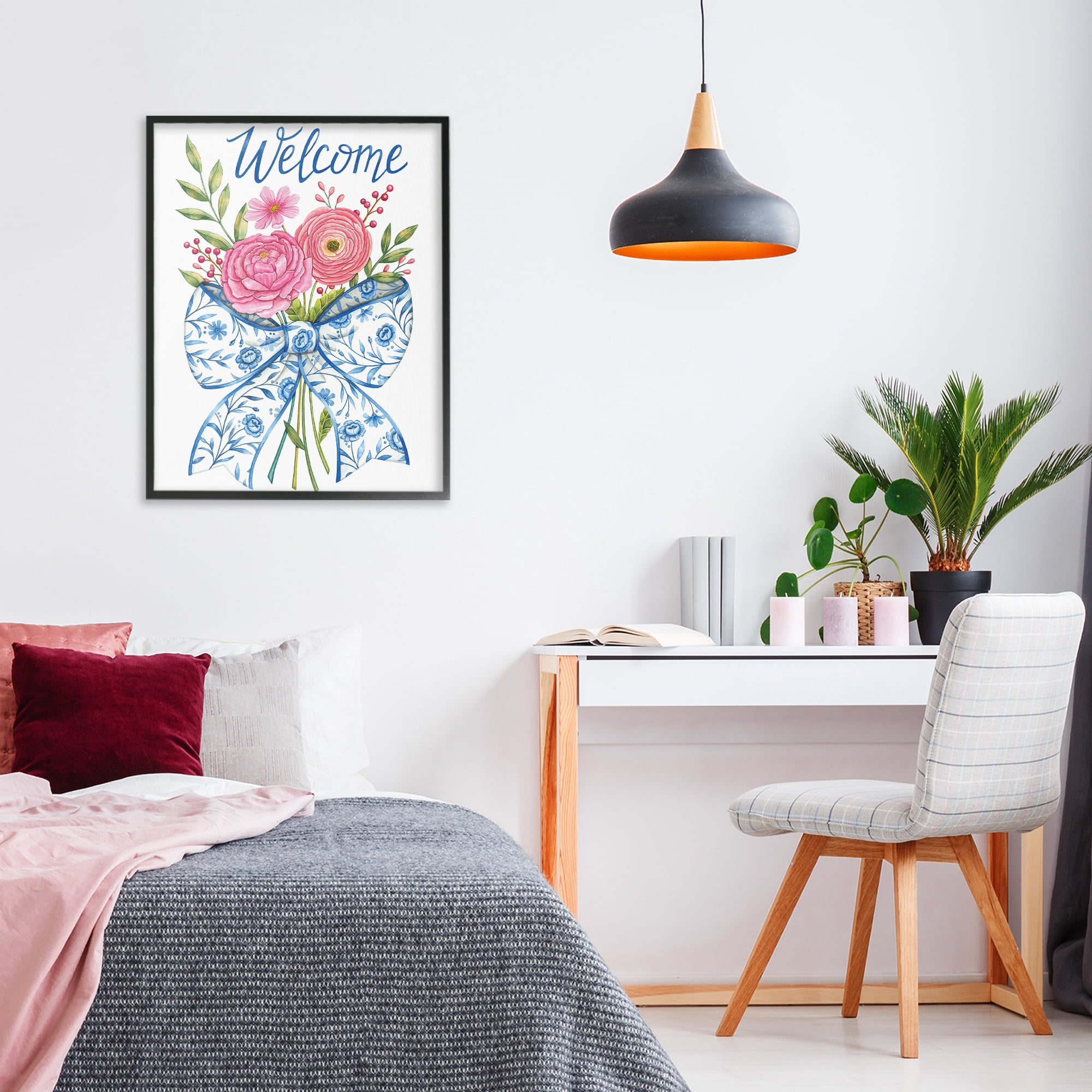 Stupell Industries Bow & Flowers Welcome Black Framed Giclee Art, design by Deb Strain