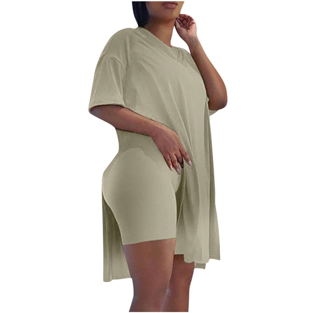 Puntoco Mujeres Casual Plus Tamaño 2 Piezas Trajes Manga Corta Tops Sueltos Flaco V-Cuello Biker Shorts Conjuntos Chándales Puntoco Puntoco-2073