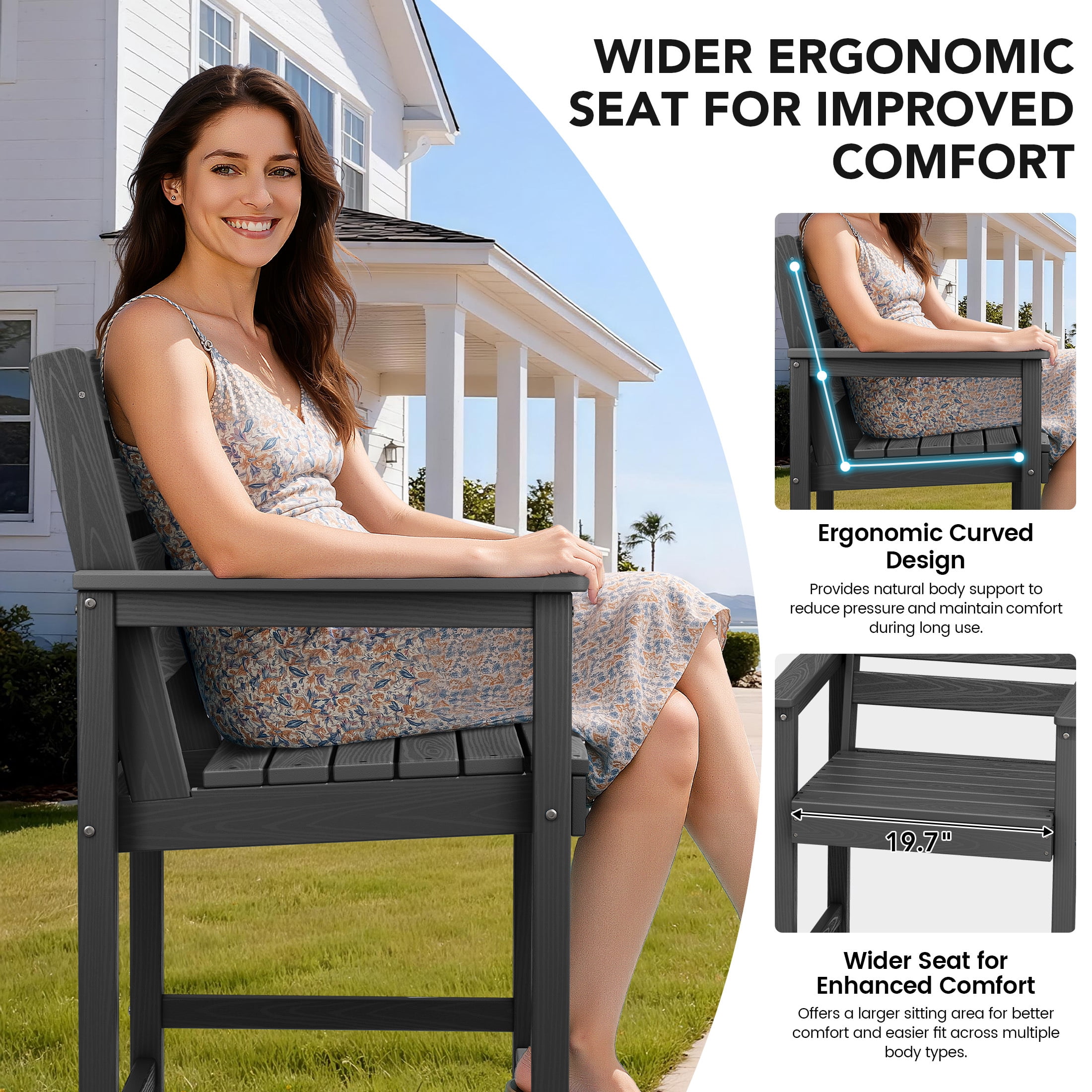 RIAFUN HDPE Outdoor Bar Stools Set of 2, Oversized Wide Seat Tall Patio Adirondack Chairs, Weather Resistant for Patio, Poolside, Garden, Gray