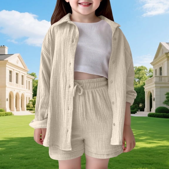 Teen Outfits for Girls Plus Size Linen Sets for Girls 2 Piece Outfits Girls Clothing Set Summer Shirt & Drawstring Gauze Shorts