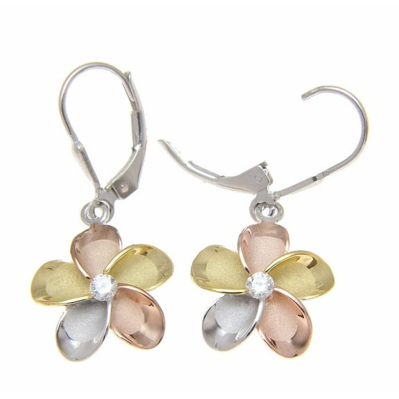 925 sterling silver yellow rose gold rhodium plated tricolor Hawaiian plumeria leverback earrings cz 15mm
