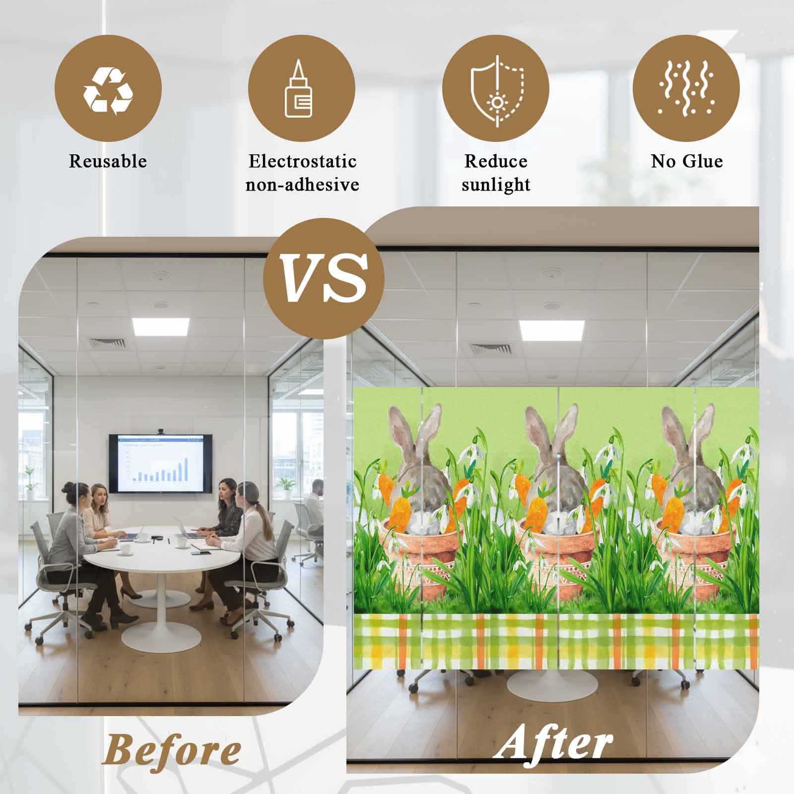 Easter Bunny Window Privacy Film, Spring Bunny Sitting on A Flowerpot Carrot Flower Green Frosted Glass Window Clings Static Cling UV Heat Blocking Reusable Door Sticker for Bathroom 23.6 x 59 Inch