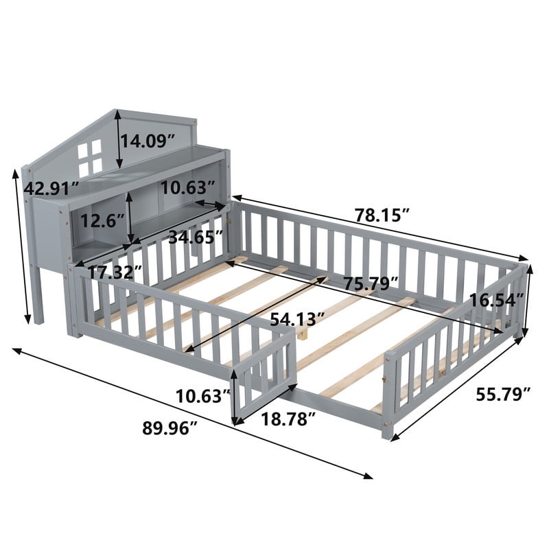 Bellemave Full Size Montessori Bed with Bookcase,Wooden Floor Bed with Fence Rails and Door, Full Playhouse Beds with Storage Headboards, No Box Spring Needed (Gray)