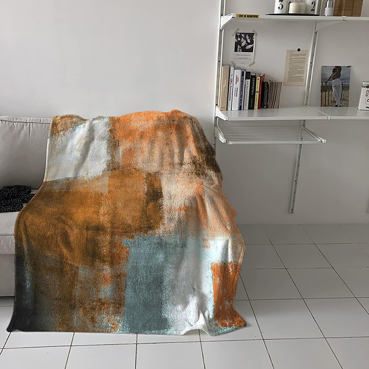 Fall Blanket Orange Grey Flannel Fleece Throw Blankets Soft Breathable Rustic Paint Art Graffiti Lattice Warm Cozy Decorative for Sofa Chair Bedroom All Seasons Use 60" x 80"