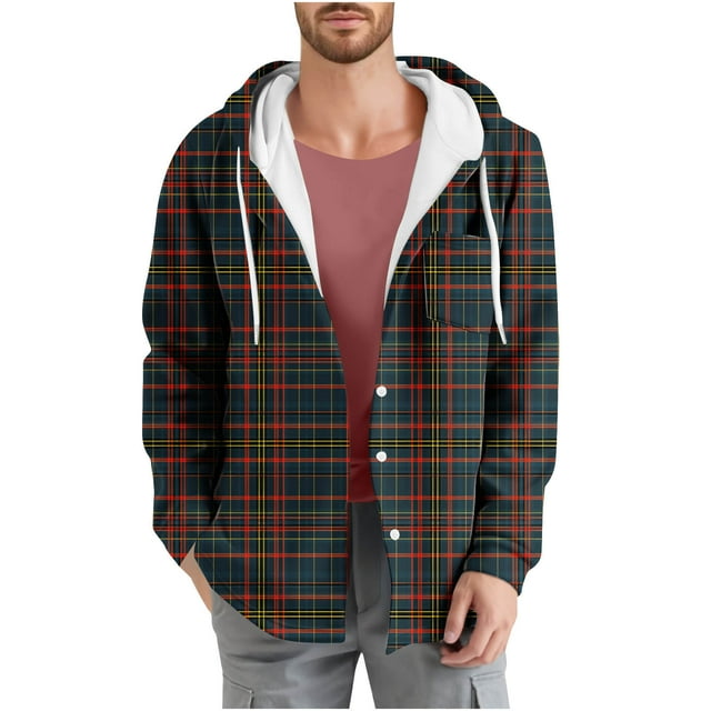 Dvprdro Jackets for Men Check Print Pocket Long Sleeved Pocket Button Hooded Casual