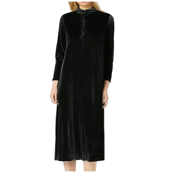 Women's Plus Size Velvet Long Dress Long Sleeve Crew-Neck Button Down Dresses Casual Solid Loose Long Dress