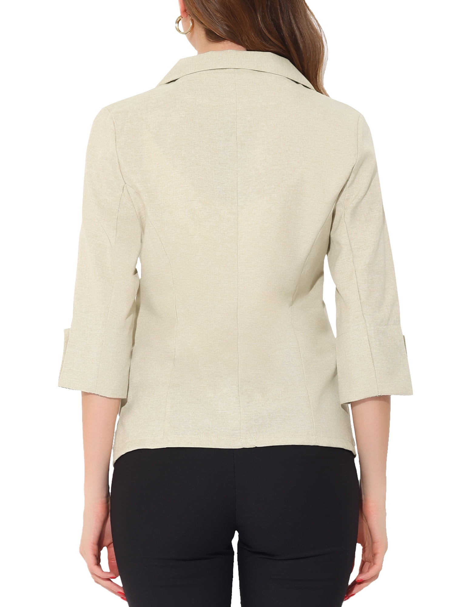 Unique Bargains Women's Office Suit Jacket Notched Lapel Collar 3/4 Sleeve Blazer XS Beige