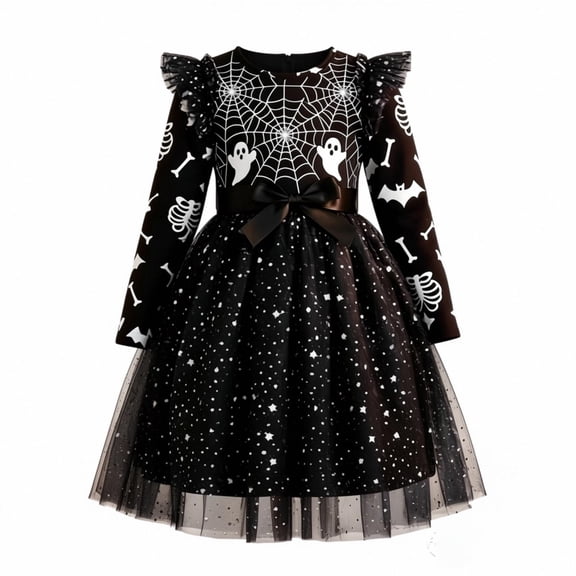 HAYIMI Girls Halloween Print Long Sleeve Round Neck Tutu Dress With Belt Relaxed Fit Dresses
