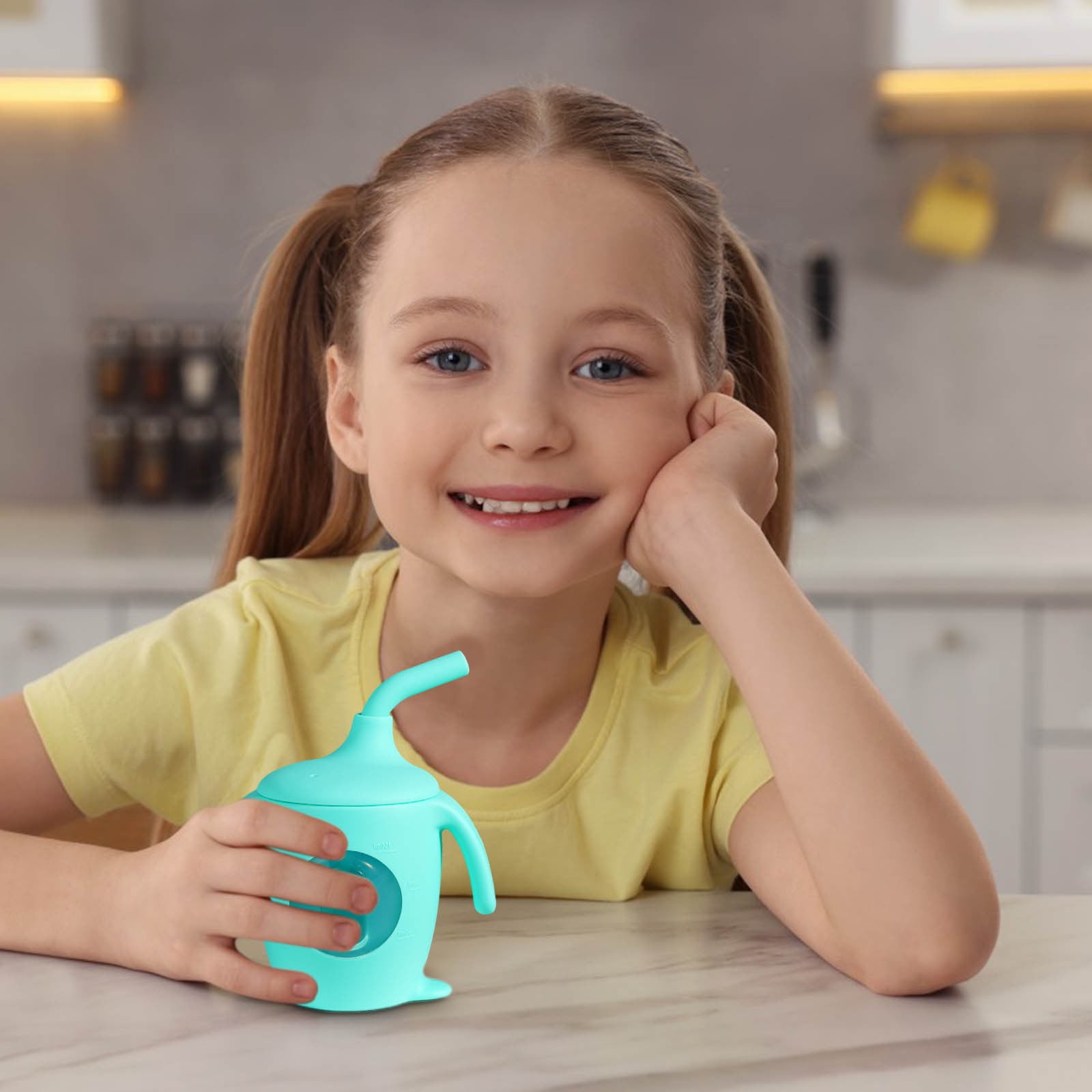 Weloille Silicone Children's Straw Cup Infant Learning Drink Cup with Handle Food Grade Infant Water Cup