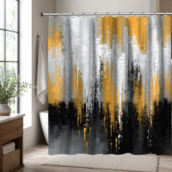 Black Gold Abstract Shower Curtain, Modern Gray White Brushstroke Shower Curtain, Contemporary Luxury Bathroom Decor, Artistic Paint Texture Fabric Shower Curtain, 70.87 x 70.87 Inch