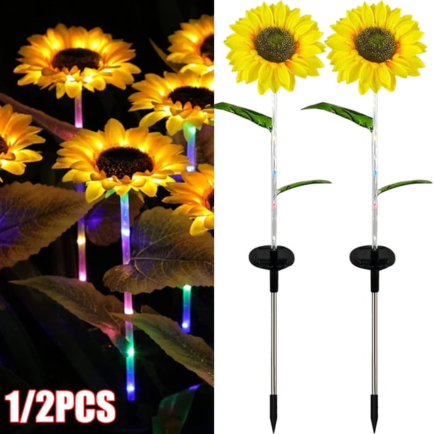 Muyoka Girasol Luces solares Exterior Auto ENCENDIDO / APAGADO Girasoles Luz de paisaje con lámpara de estaca solar blanca cálida para patio Césped Patio Patio, 2 piezas Muyoka Hogar