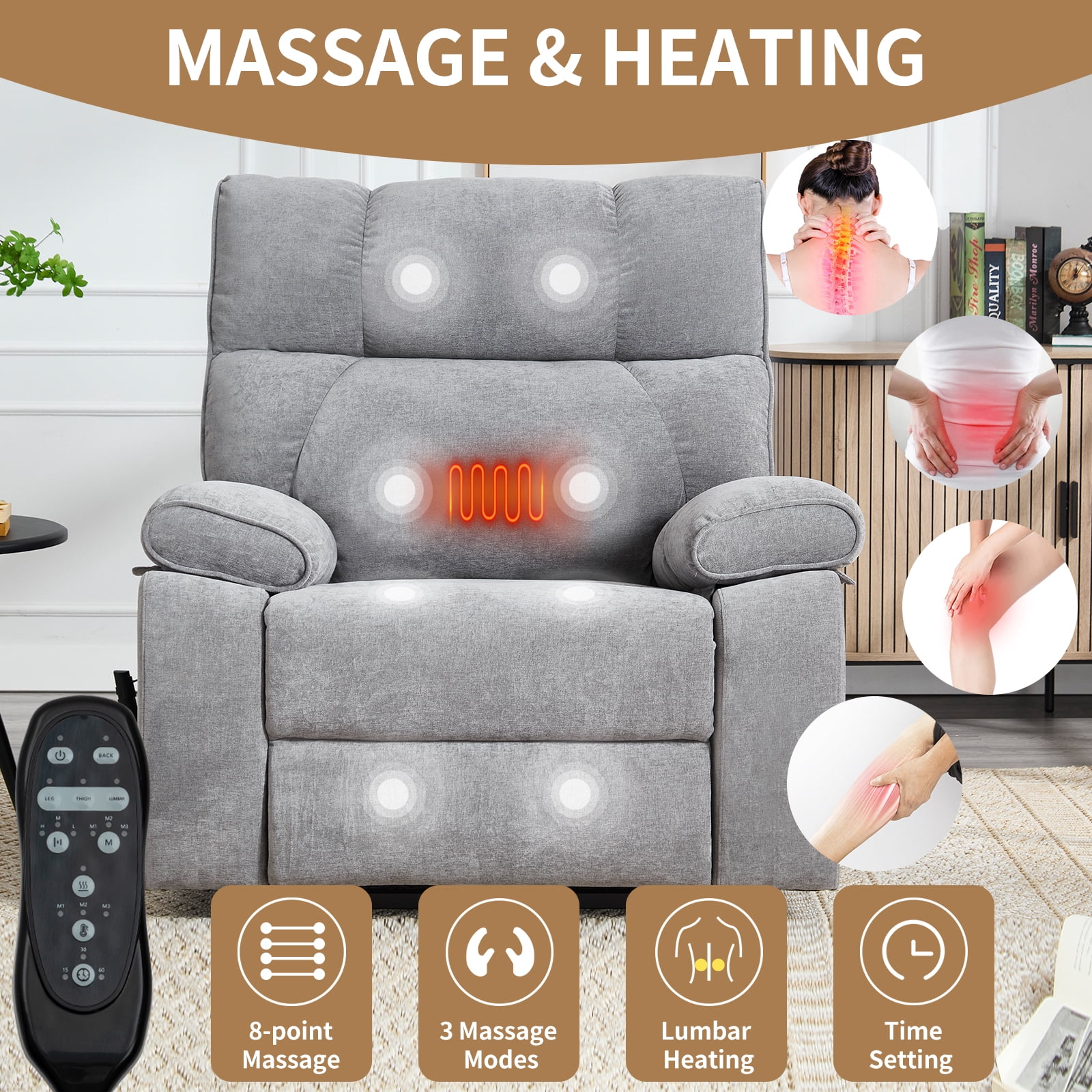 Alvantor Large Power Lift Recliner Chair for Elderly Dual Motor Chenille Electric Recliners Chair with Massage and Heat for Living Room Gray
