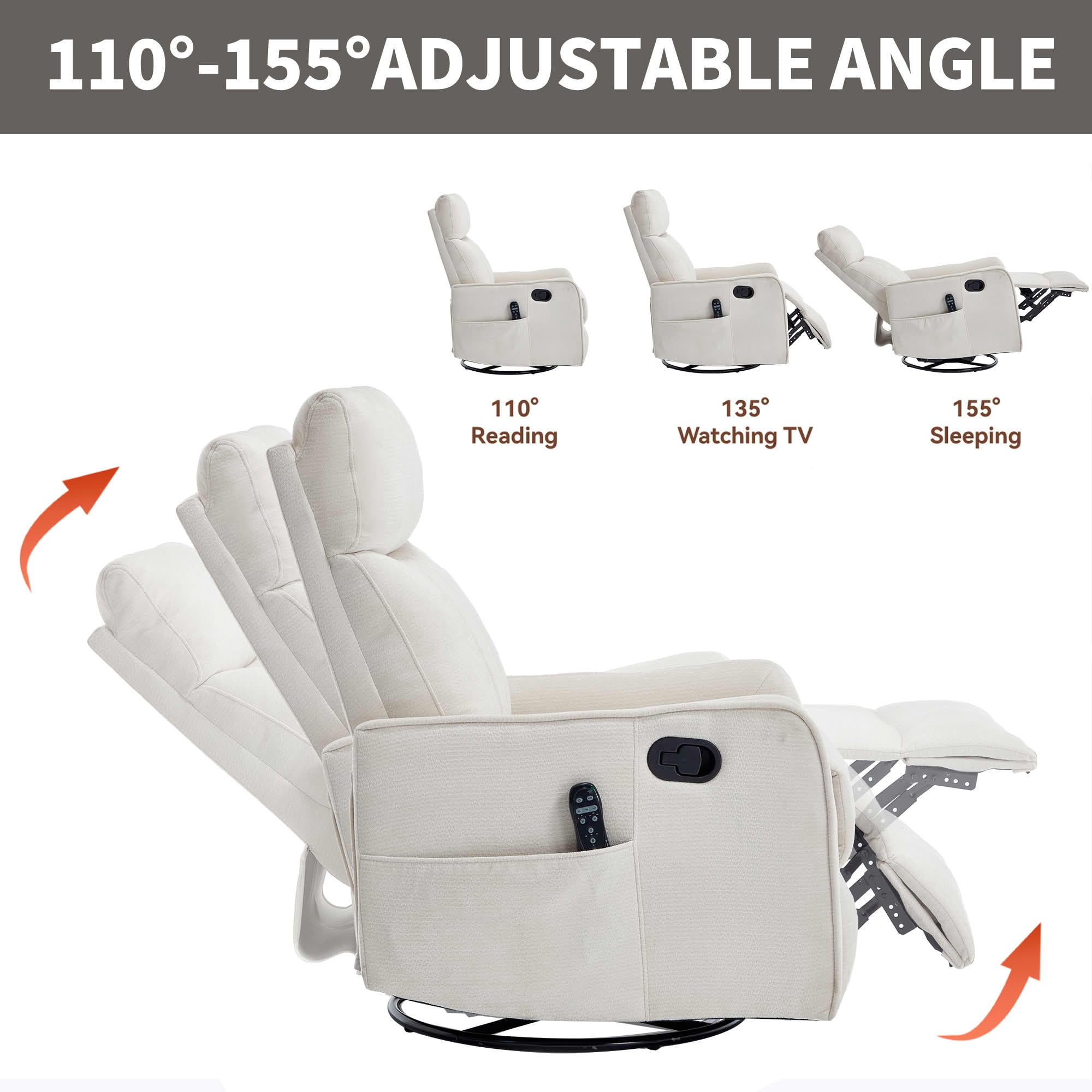MAYEERTY Beige Chenille Heat Massage Recliner Chair, 360° Swivel Rocker for Living Room, 26x35x39in