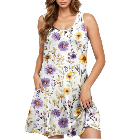 Puyaiuu New Maxi Dresses for Women 2025 Women's Casual Plus-Size Sleeveless Round Neck Short Floral Dress Summer Dresses for Women