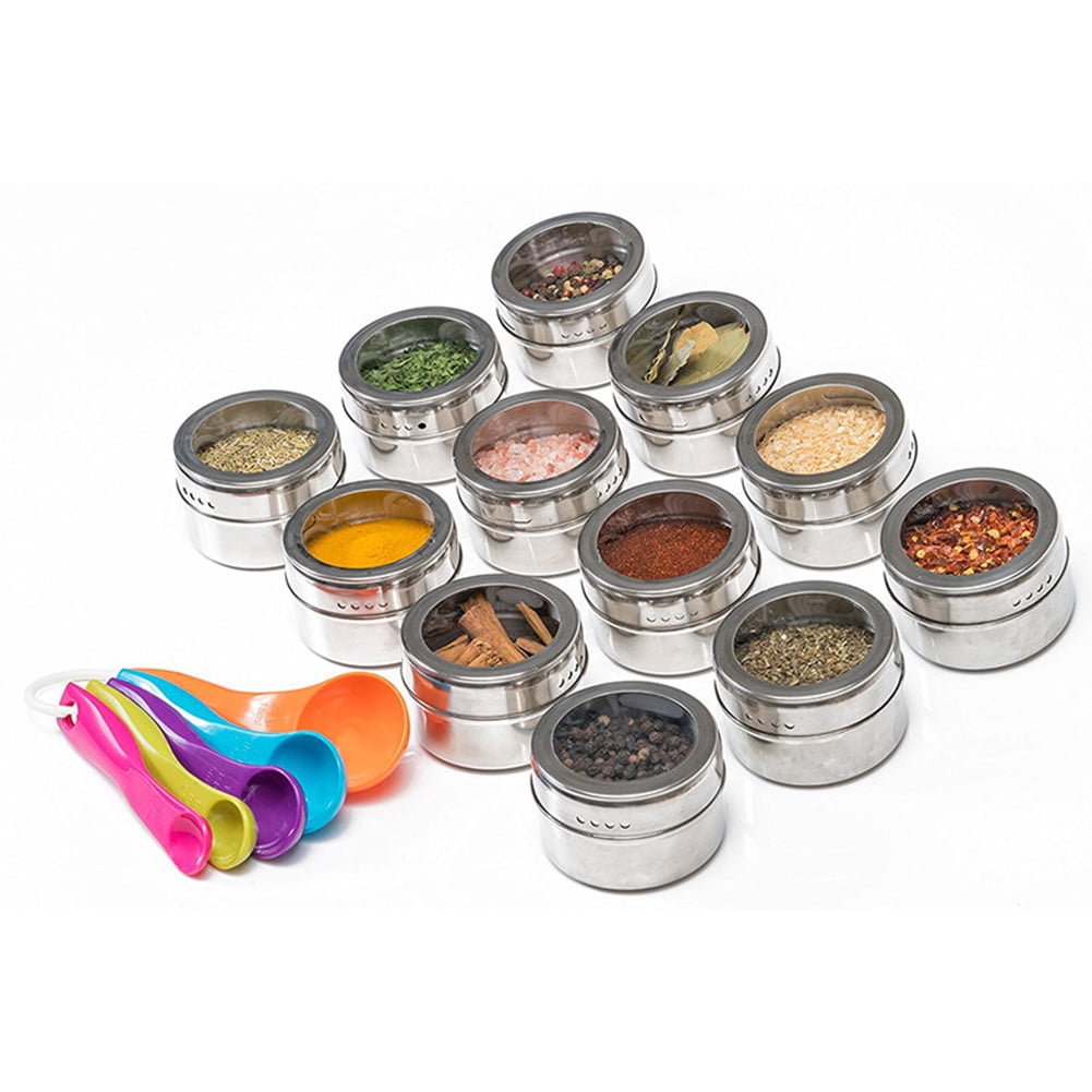 Kepooman 14 Pack Stainless Steel Storage Spice Containers with Sift & Pour Clear Top Lid for Camping Grill, Silver