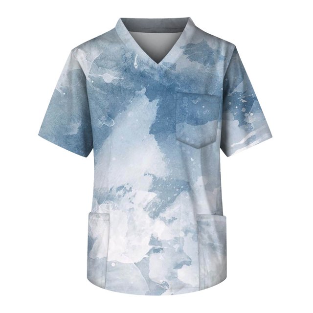 Men's Printed Short Sleeve V-neck Tops Working Pocket Blouse M