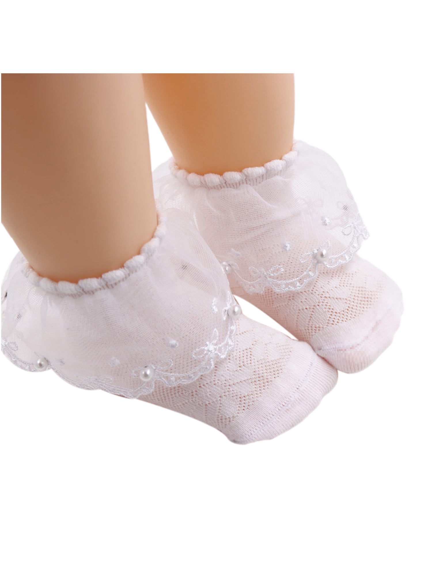 Frilly / Lace Socks Bow and Rose Details, 2 Pack White Baby / Girl