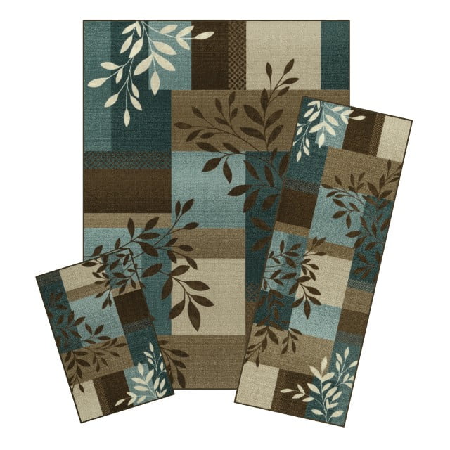 Mainstays Leaf Block Indoor Living Room Area Rug Set, BlueBrown, 3