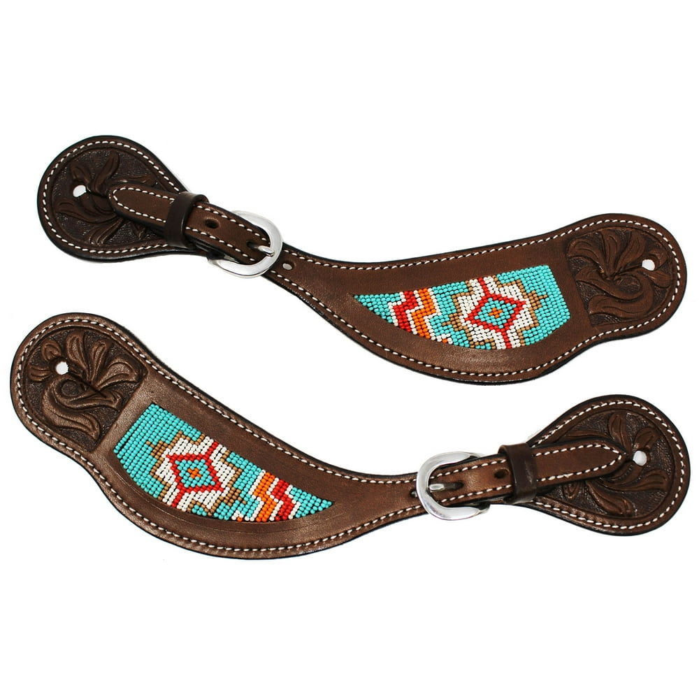 Horse Western Tooled Leather Teal Beaded Inlay Cowboy Spur Straps