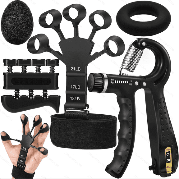 Hand Grip Strengthener Kit with Finger Exerciser, Finger Stretchers, Adjustable Hand Gripper and Exercise Rings, Strength Trainer for Athletes, Pianists, Guitar and Therapy