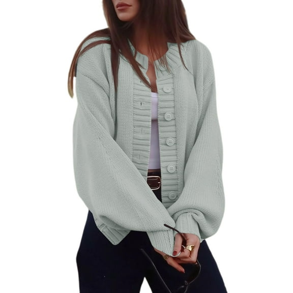 Womens Long Sleeve Button Down Cardigan Sweaters Crew Neck Open Front Knit Casual Loose Fit Fall Sweater Coat