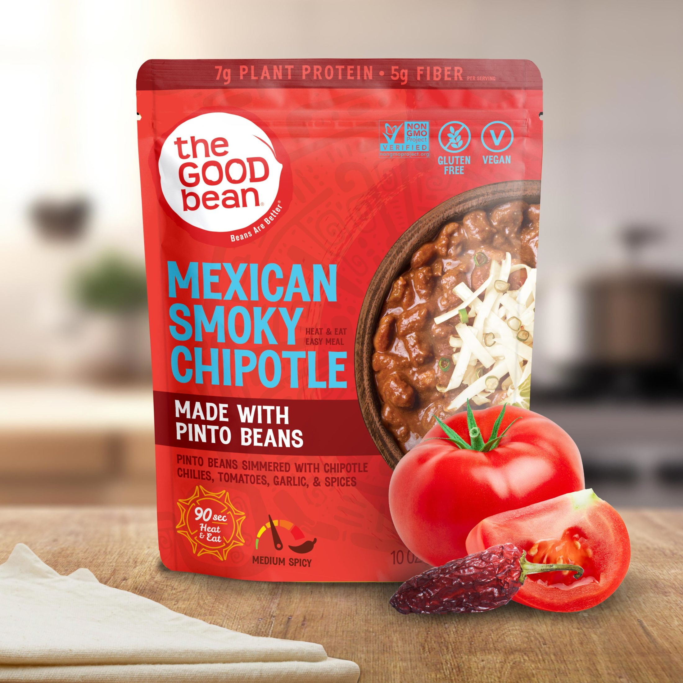 (4 pack) The Good Bean Heat and Eat Pouch, Mexican Smoky Chipotle Pinto Beans, 10 oz