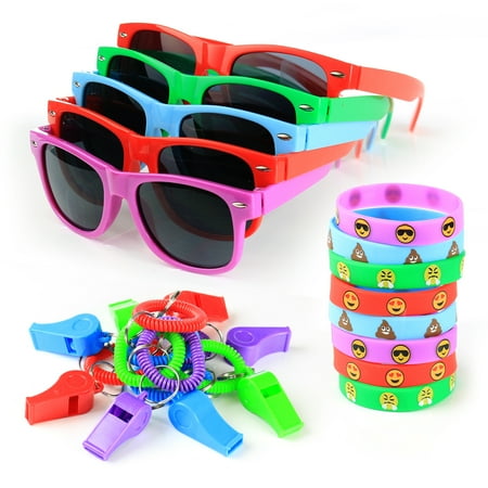 1st Birthday Party Loot Bags - 36-pcs Party Gift Favors for Kids â 12 Goody Bags: Each Bag includes 12 Whistles + 12x Sunglasses + 12x Emoji Bracelets - Great Prizes for Birthday, Loot Bags, Classrooms, Grab Bags, Doctor Office